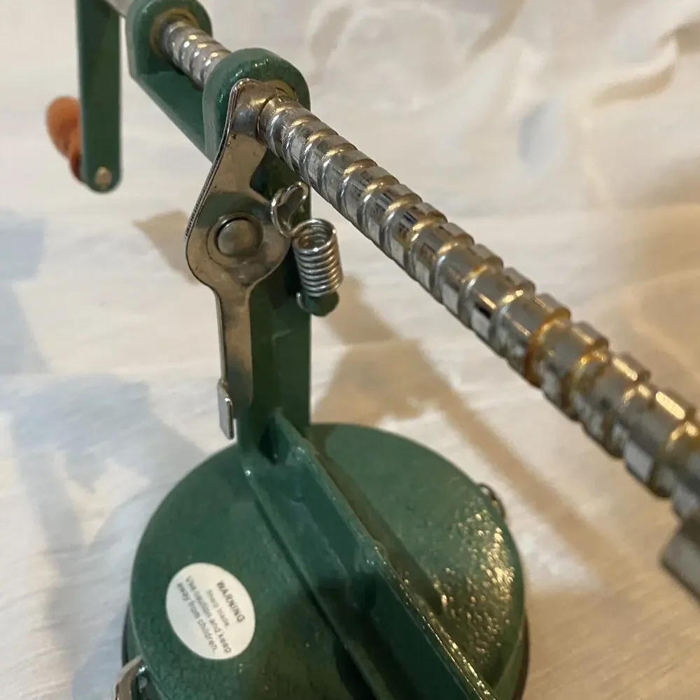 Vintage Green Metal Hand Crank Apple Peeler Corer with Locking Suction Base